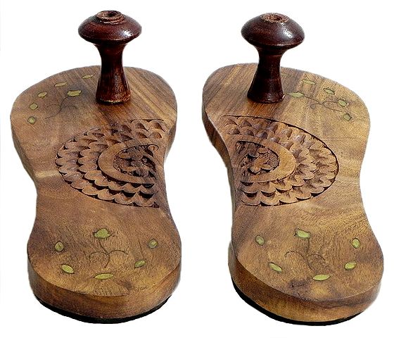 Wood Carved Paduka with Brass Inlay for Priest