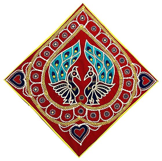 Embroidered Peacock on Red Velvet Cloth (Wall Hanging)