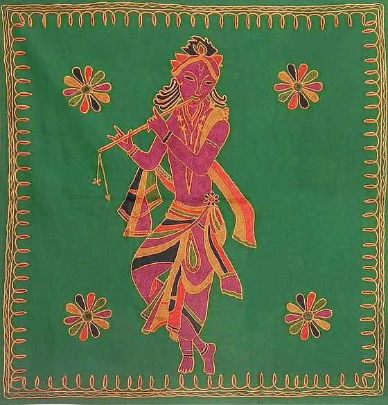 Embroidered Krishna on Green Cotton Cloth - Wall Hanging
