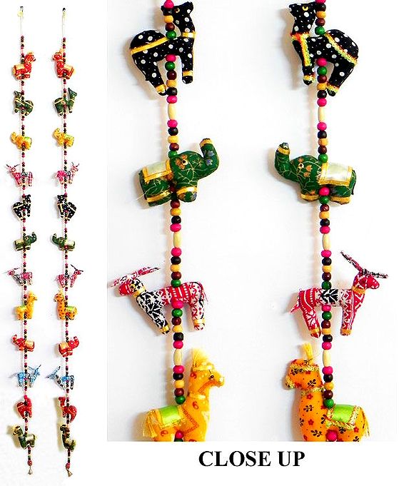 A Pair of String Wall Hangings with Four Cute Animals with Beads in Each