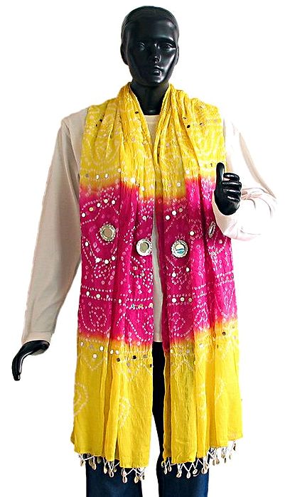 Yellow and Dark Pink Tie and Dye Chunni with Mirrorwork and Cowrie Jhalar