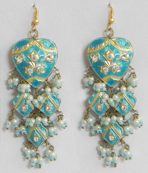 Cyan with Golden Meenakari Earrings