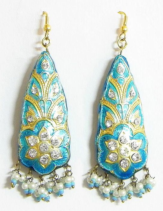 Cyan Meenakari Dangle Earrings with Golden Work and Jhalar Beads