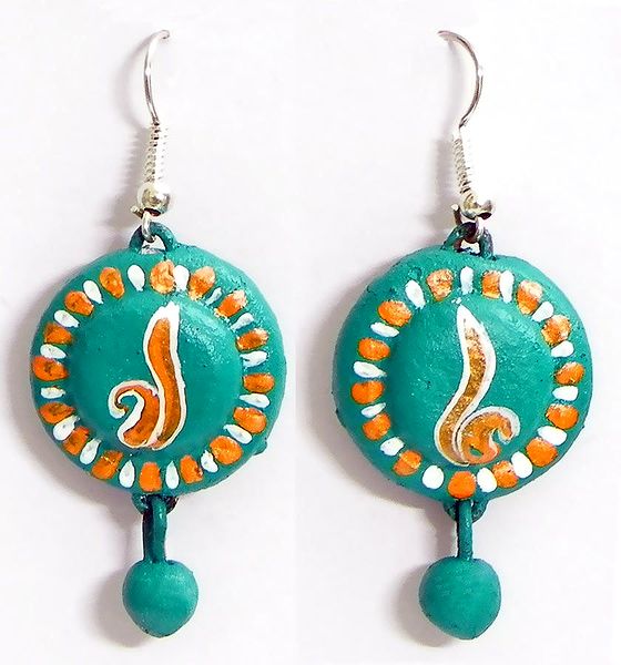Pair of Hand Painted Saffron with White Design on Cyan Terracotta