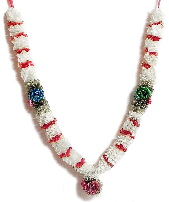 White Satin Ribbon Garland with Multicolor Rose