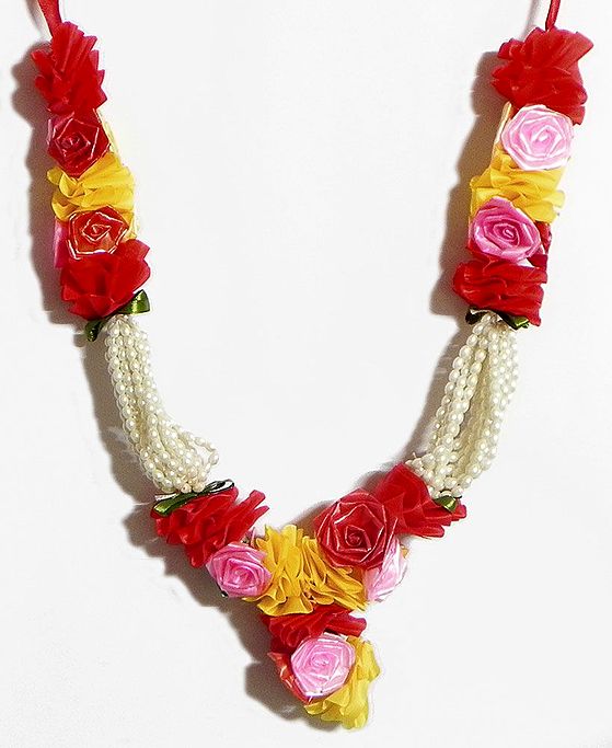 Multicolor Satin Ribbon Garland with White Beads