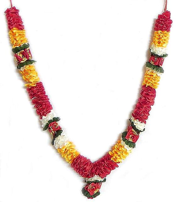 Red, Yellow with Green Satin Ribbon Flower Garland