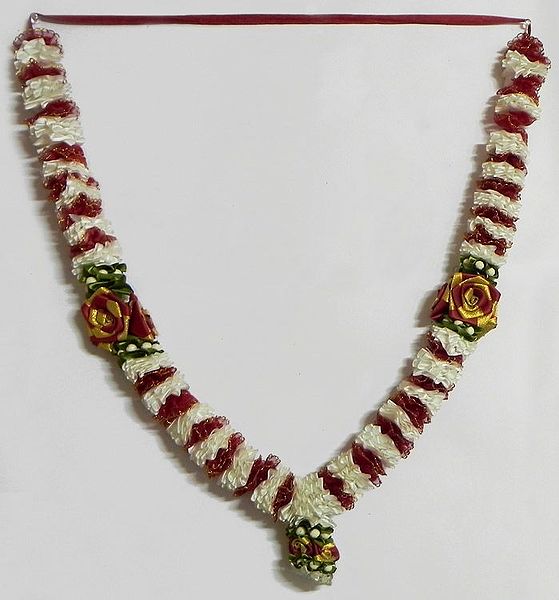 White, Maroon with Golden Satin Ribbon Artificial Flower Garland