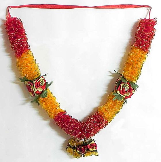 Red with Light Saffron Ribbon Flower Garland