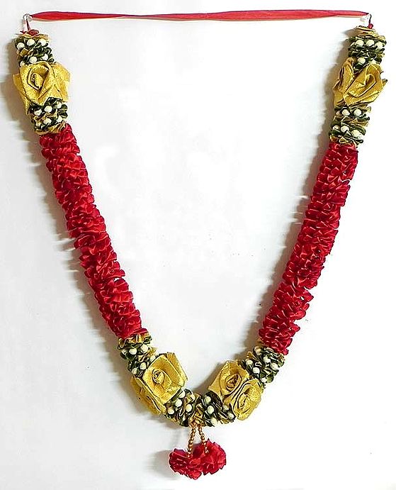 Red, Golden with Green Ribbon Flower Garland