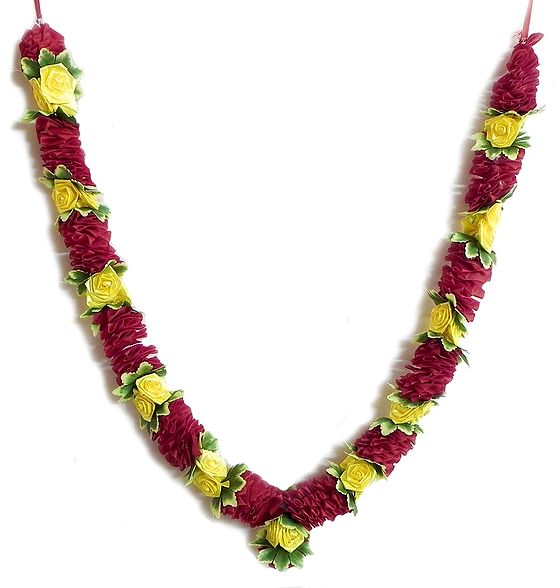 Maroon Satin Ribbon Garland with Yellow Roses