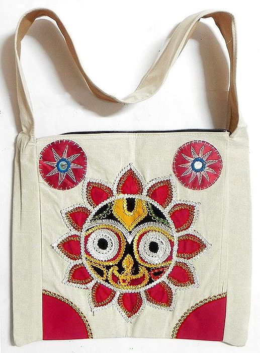 Appliqued on Cotton Bag with Two Zipped Pocket 17 x 15 inches