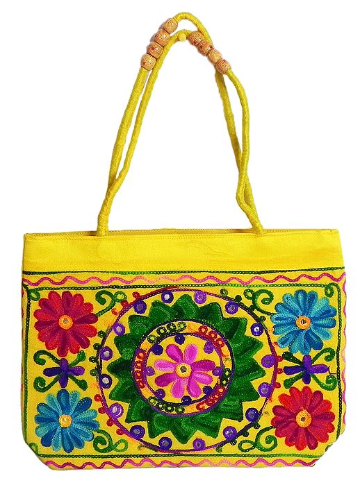 Women Leather Bag With Strap With Gorgeous Kashmiri Embroidery - Brown
