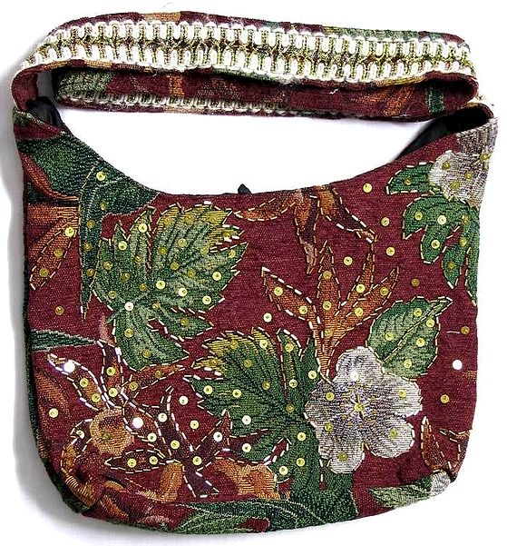 Red Floral Design Jute Shoulder Bag with Bead and Sequin Work