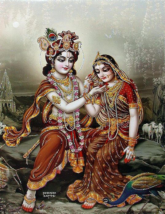 Krishna Mesmerised by Radha's Beauty (Poster with Glitter)