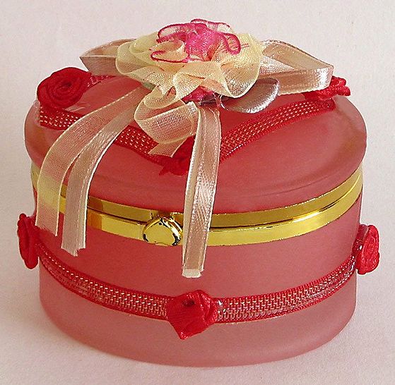 Dark Peach Oval Jewelry Box Decorated with Beads,stone and Ribbon on Top