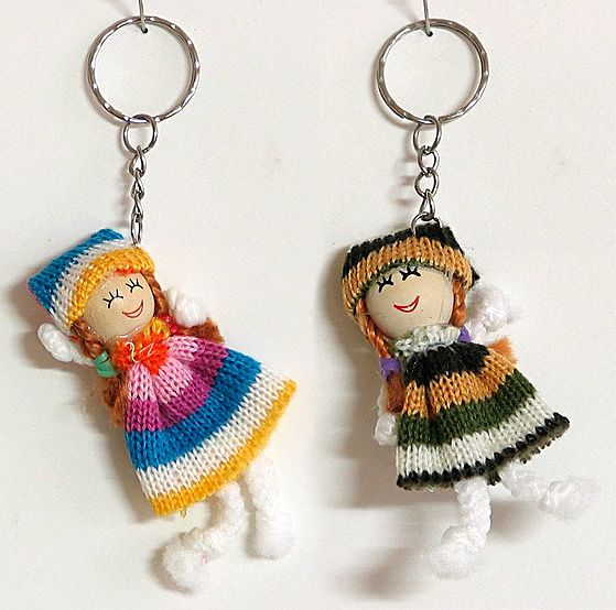 Set of Two Doll Key Chain Wood and Wool 3.5 inches Each