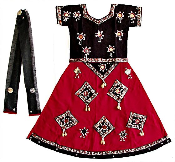 Red and Black Lehenga Choli and Chunni with Bead, Mirror and Sequin Work