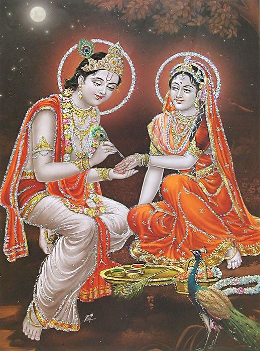 Krishna Decorating Radha's Hand ( Poster with Glitter )