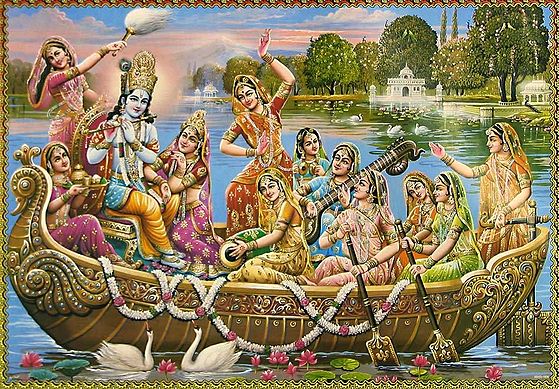 Radha Krishna on Boat with Gopinis