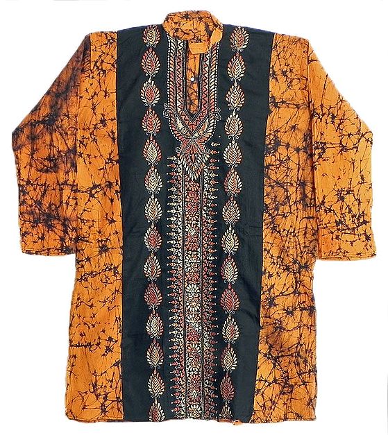 Chrome Yellow with Black Batik Kurta with Kantha Embroidery