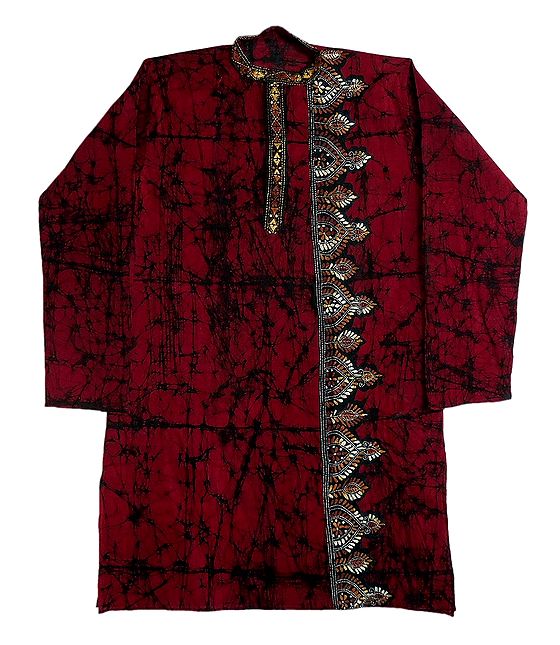 Red - Batik Print Patchwork Cotton Unstitched Kurta Material (2.7M) 01