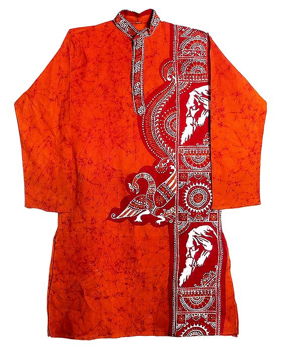 Red Batik on Dark Saffron Mens Cotton Kurta
