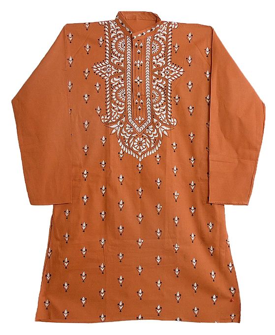 Kantha Embroidery on Mens Saffron Kurta