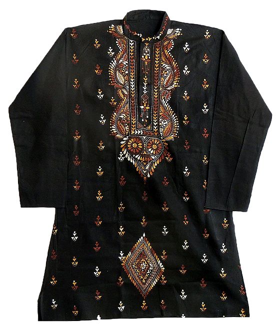 Black - Bengal Kantha Hand Embroidered Cotton Unstitched Kurta Material (2.5M) 50
