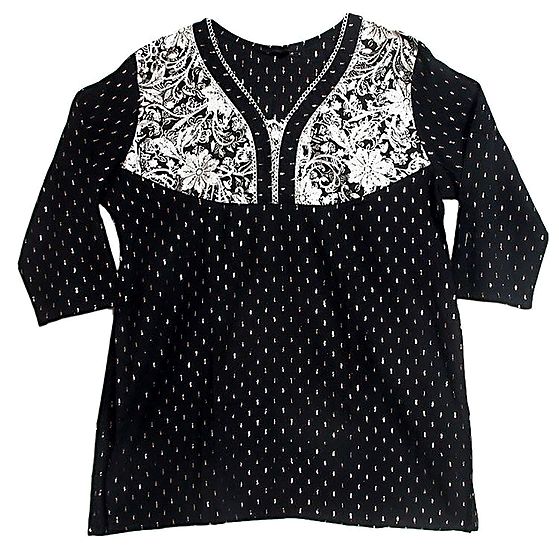 Black with White Embroidered Cotton Kurta