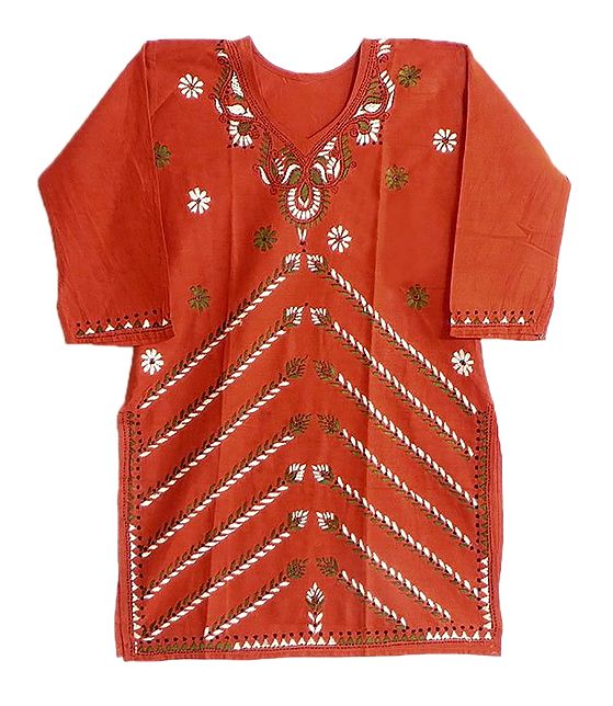 Dark Saffron Cotton Kurti with Kantha Stitch