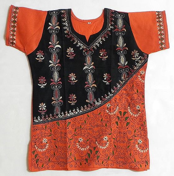 Saffron with Black Kantha Stitch Kurti
