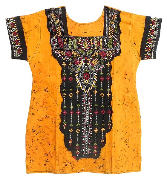 Dark Yellow and Black Batik Painted Kurta with Kantha Stitch Embroidery