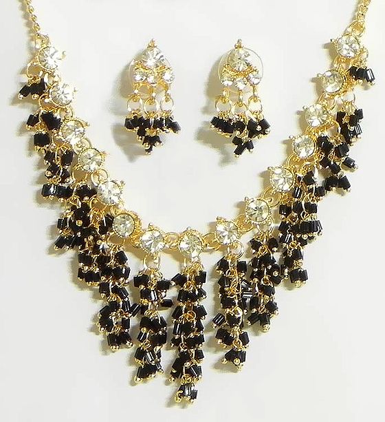 Black Bead and White Stone Studded Jhalar Necklace with Earrings ...