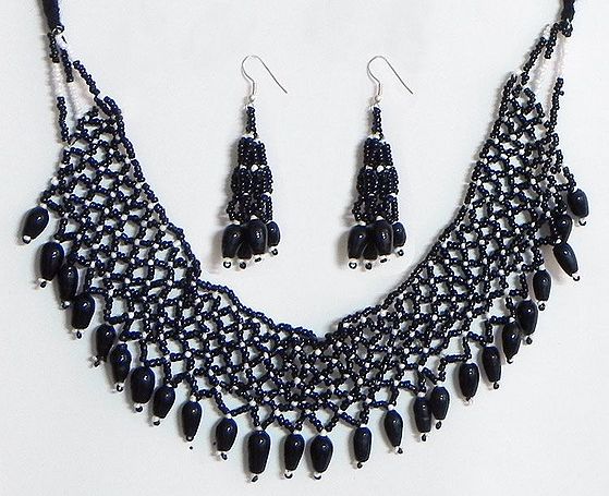Black and White Bead Necklace and Earrings