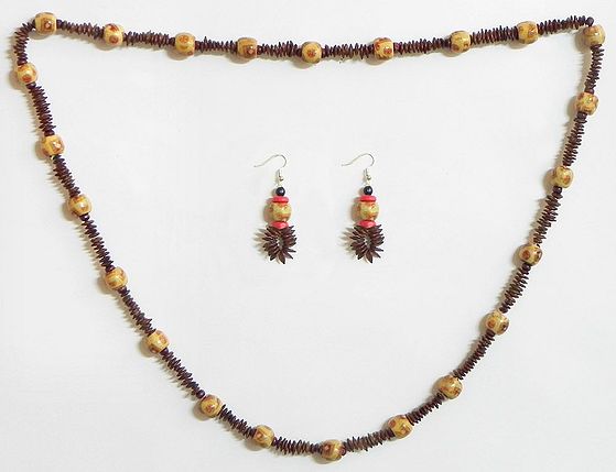 Wooden Beads with Natural Seed Necklace and Earrings