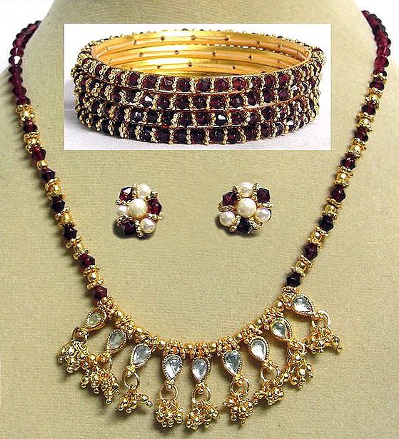 Maroon and Golden Bead Kundan Necklace With Bracelet and Earrings