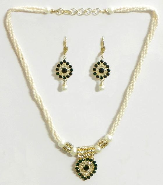 White Bead Necklace with Green Stone Studded Pendant and Earrings