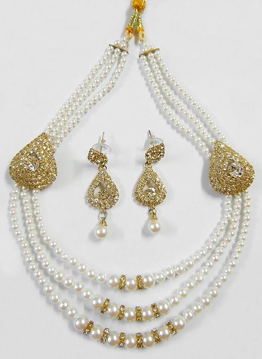 Three Layer Faux Pearl Bead Necklace with White Stone Studded Earrings