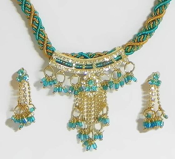 Cyan and Yellow Twisted Cord Necklace with Stone Studded Pendant