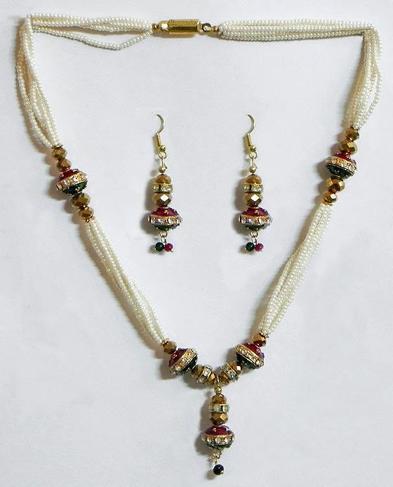 White Stone Studded Bead Necklace and Earrings
