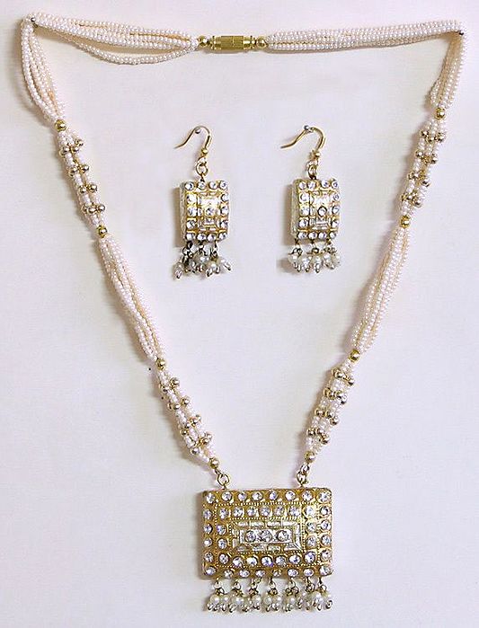 White Beaded Ajustable Meenakari Necklace with Earrings