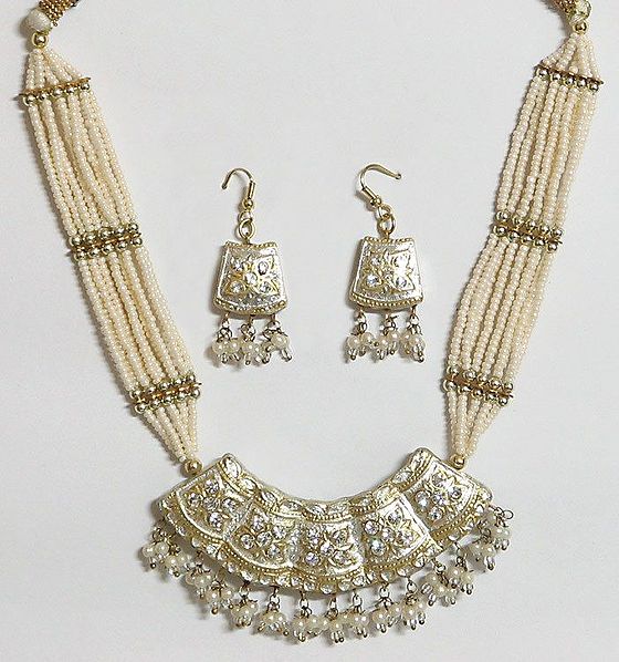 White Beaded Meenakari Necklace with Earrings