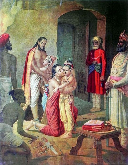 Sri Krishna with Balarama Freeing Parents (Vasudev and Devki) from