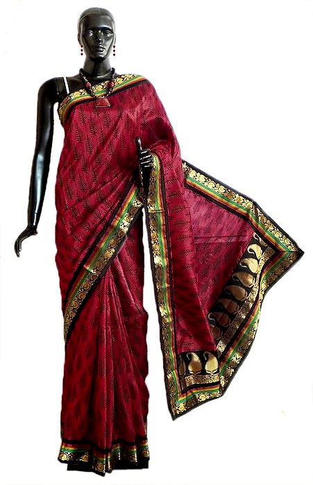 Spider Silk Saree with Folk Art Print Border and Tassel Pallu