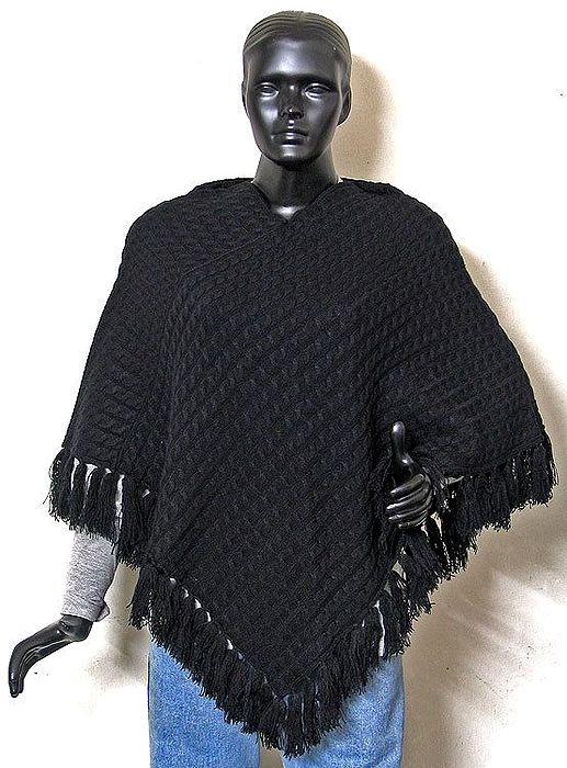 Black Poncho with Chain Design Weave