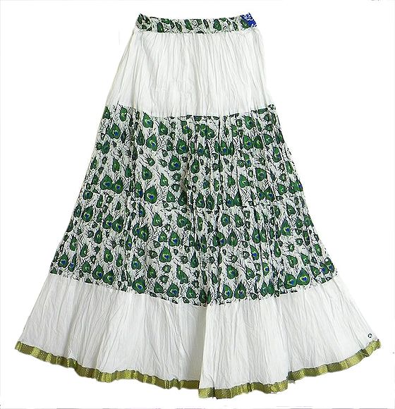 White with Green Print Skirt with Zari Border