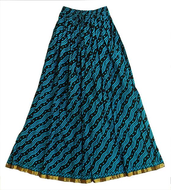 Dark Cyan with Black Wave Printed Long Skirt with Zari Border