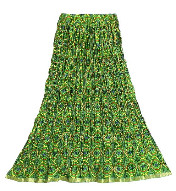 Multicolor Print on Green Crushed Long Skirt