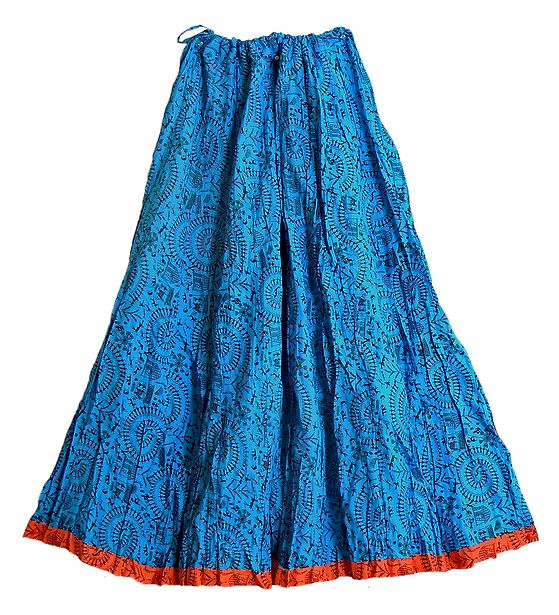 Black Worli Print on Blue Cotton Crushed Long Skirt Length 40